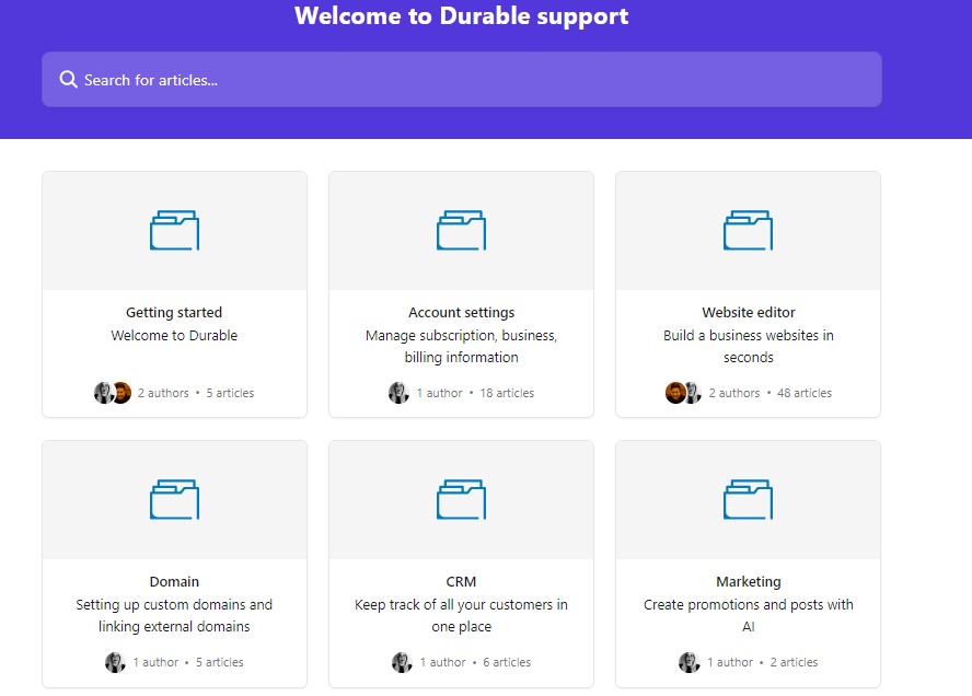 Durable.co provides customer support through various channels, including email and live chat.